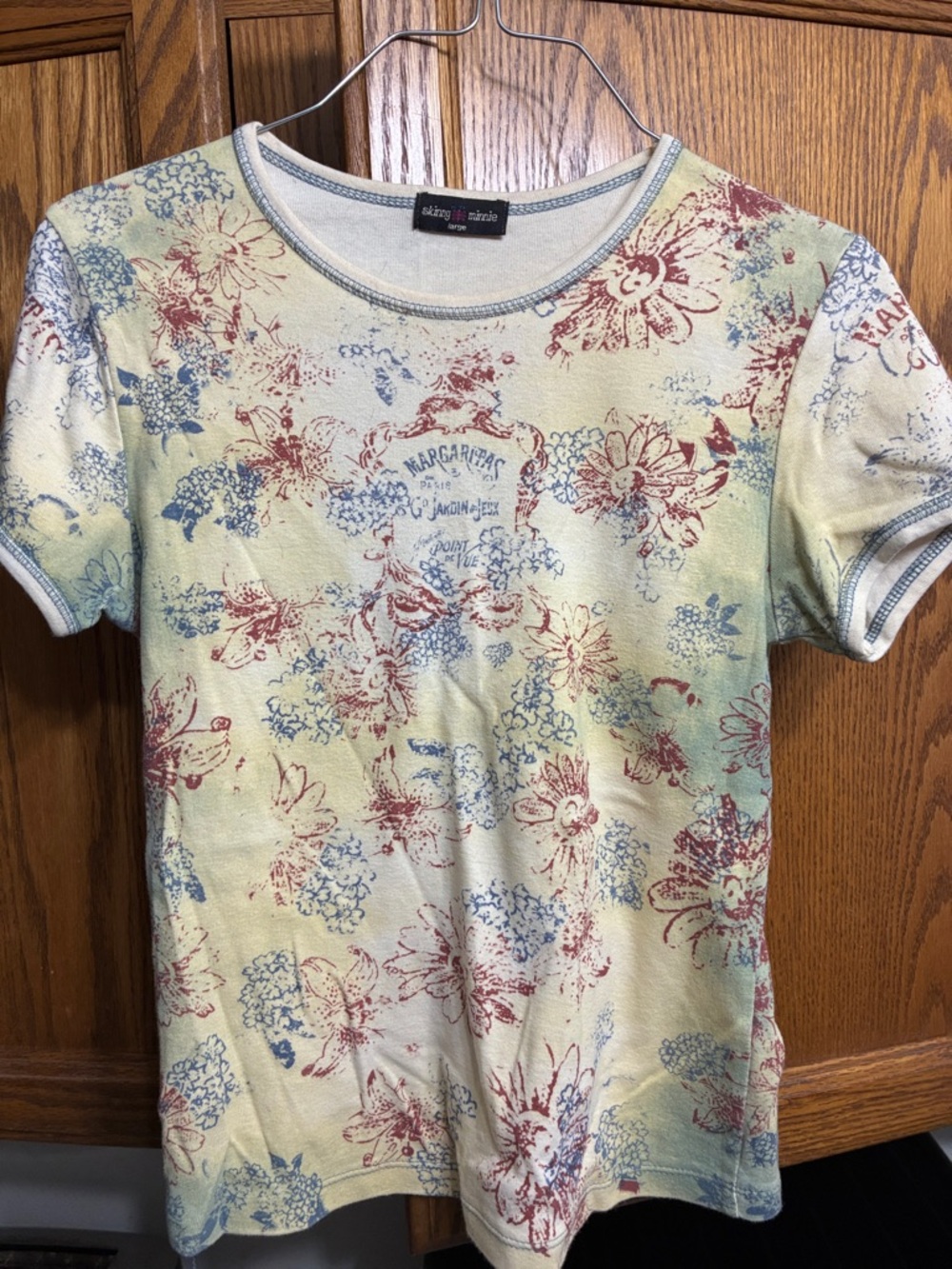 Skinny Minnie Yellow Floral Short Sleeve Tee with Red & Blue Print L